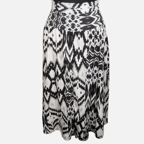 Attention Women's Black White Abstract Print Smocked Waist Midi Skirt Size Large - Picture 4 of 8